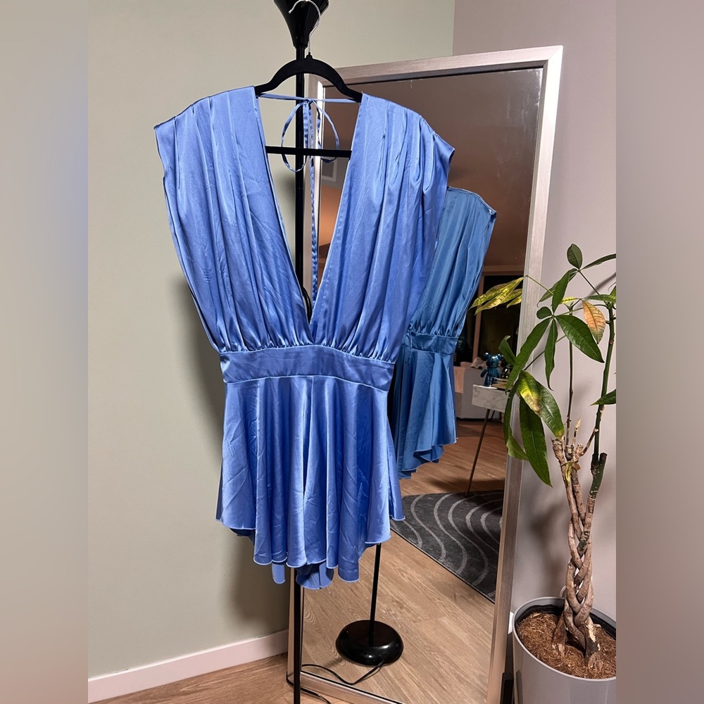 Micas Official Satin V Neck Sleeveless Playsuit - BABY BLUE / L - WORN ONCE